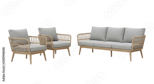A set of outdoor patio furniture featuring two wicker armchairs and a matching three-seater sofa with light gray cushions on a black background