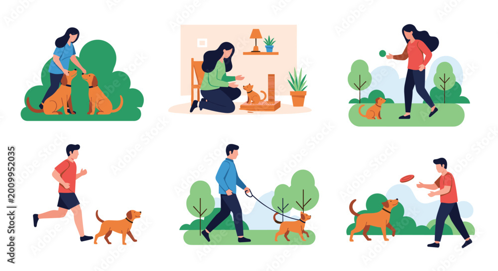 Fototapeta premium Collection of dog owners engaged in various activities with their pets such as playing fetch, jogging, training, and walking in the park.