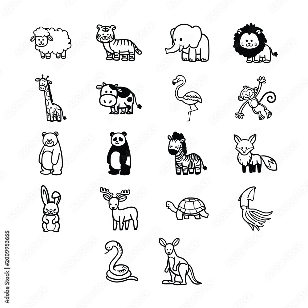 Naklejka premium Cute Animal Hand Drawn Outline Icon Set