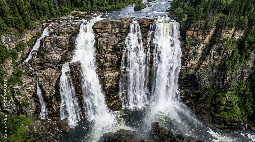Obraz premium Aerial view of a massive waterfall cascading over rocky cliffs. Powerful river flowing through a lush green forest landscape