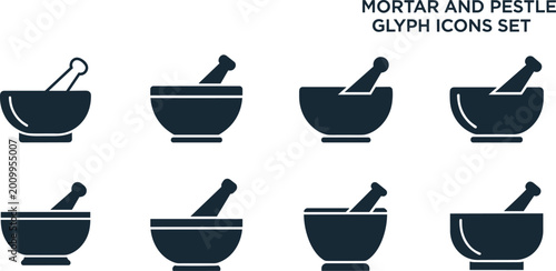 Foto Mortar and pestle glyph icon set, silhouette variations of traditional grinding