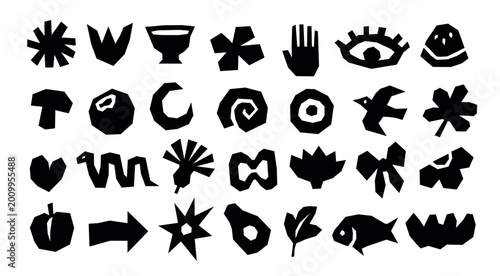 Photos Linocut symbols and primitive glyphs vector set, bold black handmade silhouettes