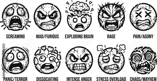 Obraz na plátně Anger emoji set, stressed and furious facial expressions, aggressive hand drawn