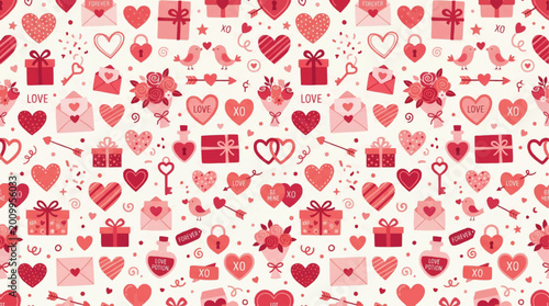 Seamless Valentine Pattern with Heart, Gift and Love Elements