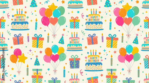 Seamless Birthday Party Pattern with Cake, Balloon and Gift