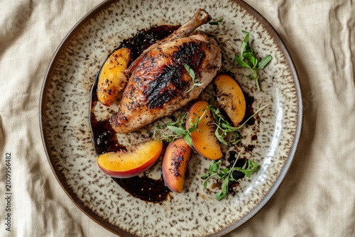 Grilled chicken breast with peach slices and fresh herbs on a rustic plate