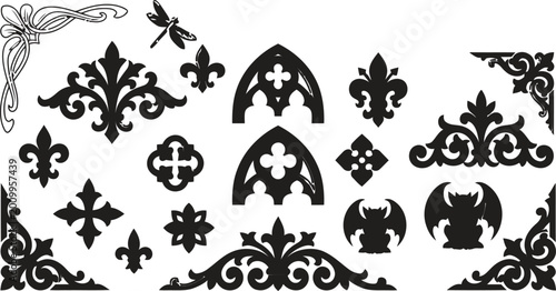 Schilderij op canvas Vintage gothic elements, ornate silhouette borders, heraldic fleur-de-lis, decor