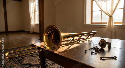 Brass trombone and parts laying on a table in a sunlit room.