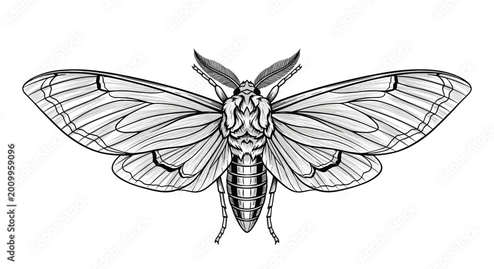 Obraz premium Detailed hand drawn illustration of a large moth with expanded wings in an engraved line art style isolated on a plain white background.