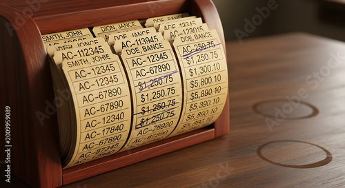 Rolodex file with customer information on a wooden office desk
