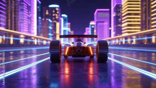 Rear View Race Car Neon Boulevard Night Speed Trails
