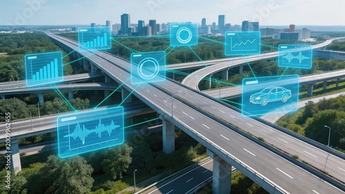 Smart city infrastructure with digital data overlays autonomous vehicle network urban traffic management system futuristic highway interchange connected transportation technology