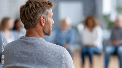 Rear view of a man seated near a blurred group during an addiction recovery meeting in a rehab center, alcoholics anonymous concept, substance abuse support group, community healing,