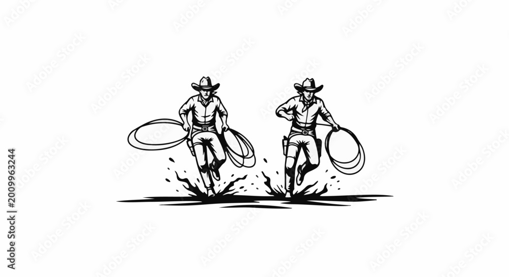 Obraz premium Two cowboys running through water with lassos, a stylized depiction