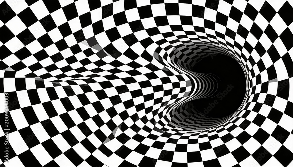Naklejka premium Swirling warped black-and-white checkerboard tunnel pulling eye into central dark void, digital art