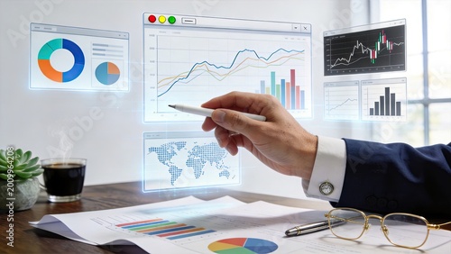 Businessman using futuristic holographic interface to analyze financial data stock market trends and global economic charts with digital graphs and statistics on virtual screen