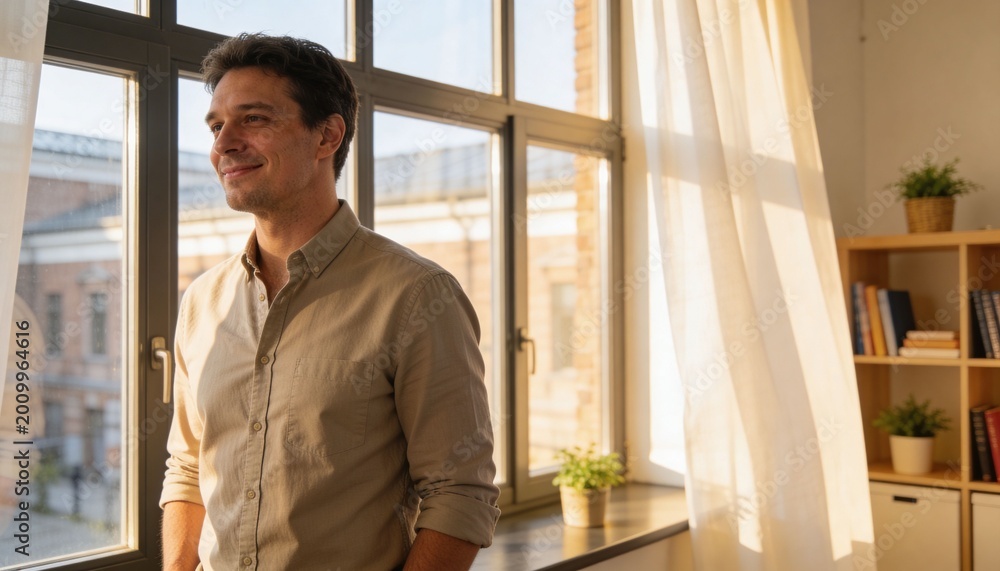 Fototapeta premium Standing man in button-up shirt gazing at paned window at home-office with shelf plants and sheers