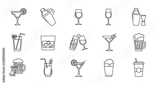 Minimalist cocktail and bar icon set, 15 thin line beverage vector illustrations, alcohol drinks and glassware symbols for restaurant menus