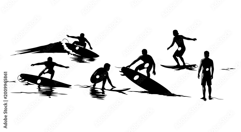 Naklejka premium Surfer wave icon with wet black silhouettes, hand-drawn splash lines, and minimalist beach scene for sports and lifestyle