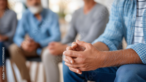 Close-up of a support group circle with one person sharing their story while others listen, individual sharing concept, community healing dialogue, peer active listening, defocused