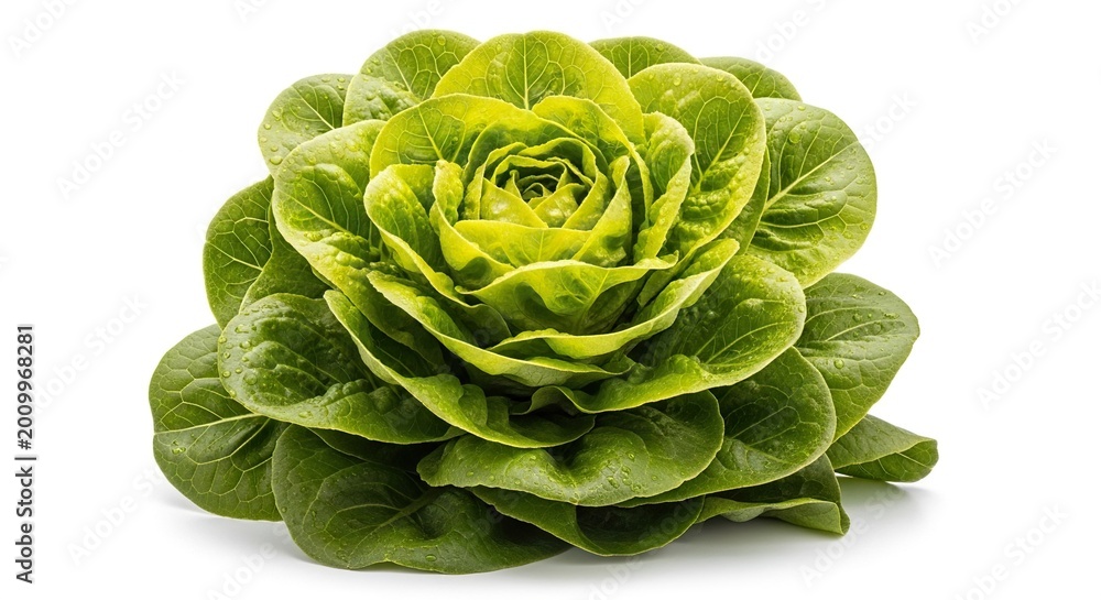 Obraz premium A crisp head of organic green leaf lettuce positioned on a plain white background, featuring vibrant textures and natural garden freshness, background, farm, diet