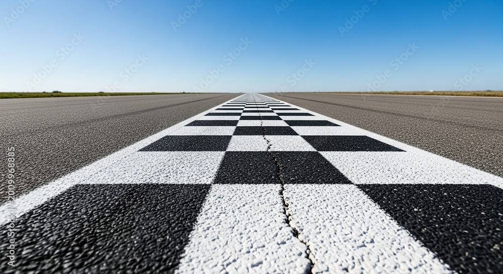 Fototapeta premium A dramatic low angle view of a black and white checkered finish line painted on a textured asphalt race track under bright daylight, pattern, final, success