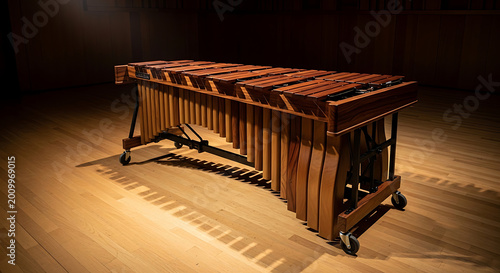 Wooden marimba instrument on stage in concert hall background.