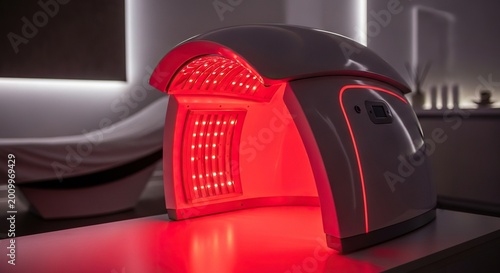 A futuristic red light therapy capsule glows with vibrant crimson light, showcasing advanced rejuvenation technology in a sleek modern spa, cellular, capsule, innovative