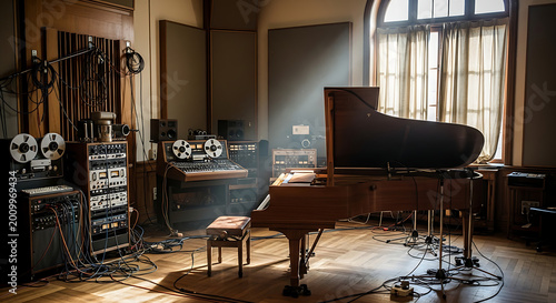 Vintage recording studio with piano, mixing console, and audio equipment