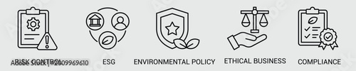 Governance, Risk, and Compliance Web Icon Set Vector Illustration Concept with Icons of ESG, Ethical Business, Risk Control, Compliance, and Environmental Policy