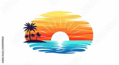 Tropical island with palm trees under a vibrant sunset over the ocean