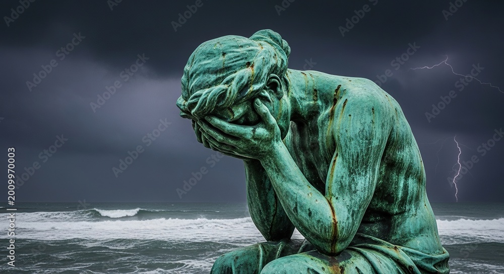 Fototapeta premium A green oxidized metal monument bows its head in sorrow, covering its face with weathered hands against a dark and stormy ocean backdrop, sadness, regret, clouds