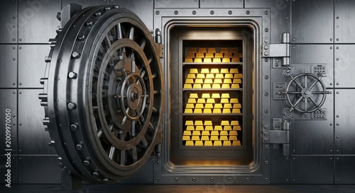 A heavy steel vault door stands wide open revealing rows of polished gold bars stacked neatly inside a secure and dark armored safe, secure, row, business