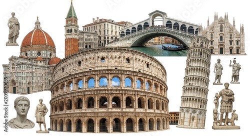 Collage of iconic italian landmarks including the colosseum, leaning tower of pisa, rialto bridge, florence cathedral, and roman statues on