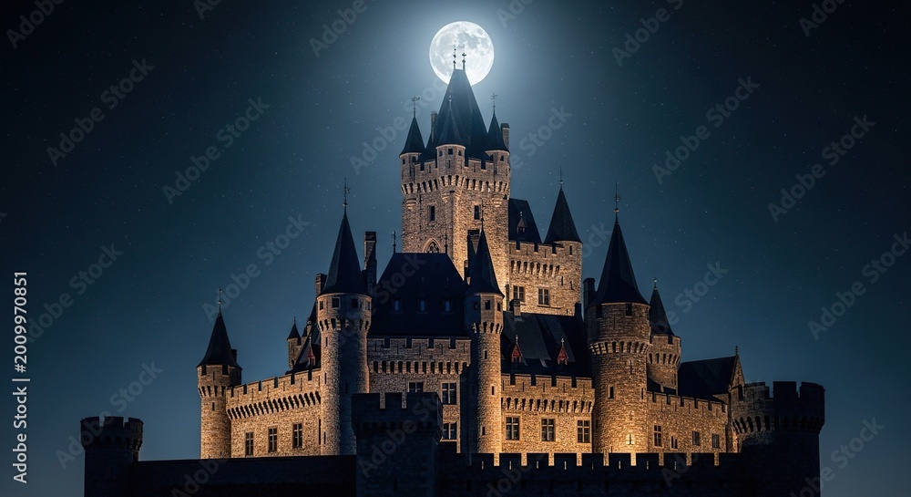 Fototapeta premium A majestic medieval stone castle stands tall under a dark starry sky with a glowing full moon casting silver light on ancient high towers, mountain, scenery, dramatic