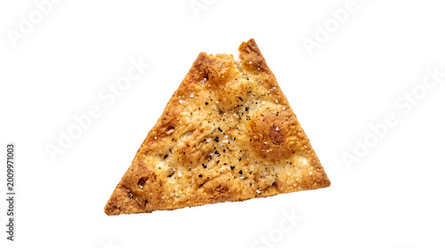 Crunchy pita chip with sea salt and herbs, triangular baked flatbread cracker, golden brown toasted snack for dipping and appetizers isolated PNG with Transparent Background