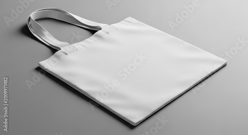 A minimal white cotton tote bag mockup positioned on a flat neutral surface, featuring visible fabric texture and space for custom artwork, simple, handle, background