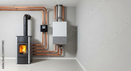A modern basement utility room featuring a high-efficiency pellet stove connected to a central heating boiler system with copper pipes, valve, tank, boiler
