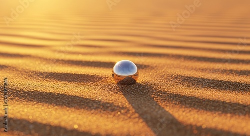A perfect microscopic metallic sphere rests on fine rippled desert sand reflecting golden sunlight, illustrating advanced nanotechnology, circle, warmth, sand