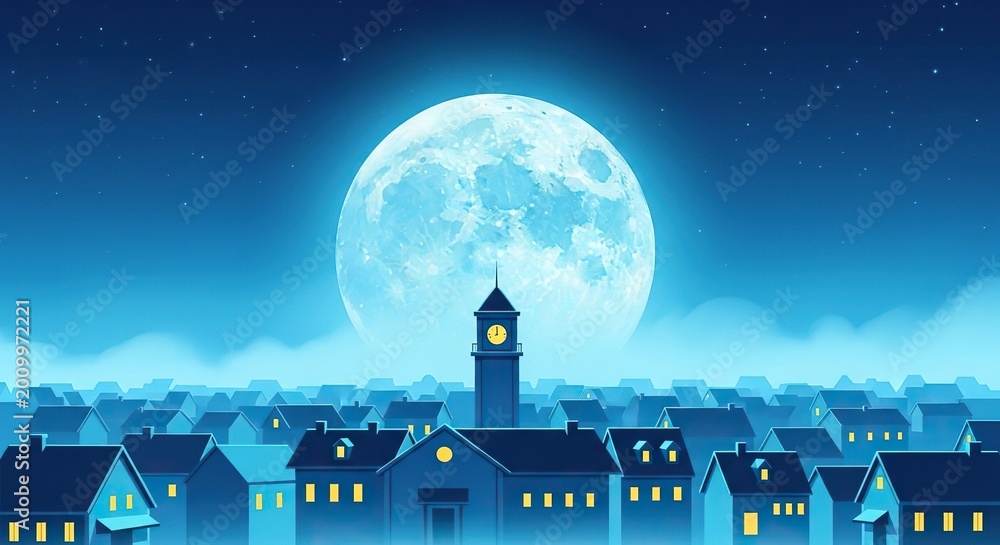 Fototapeta premium A quiet town rests under a glowing full moon, featuring soft blue hues, twinkling stars, and peaceful architecture amidst a misty sky, light, buildings, nature