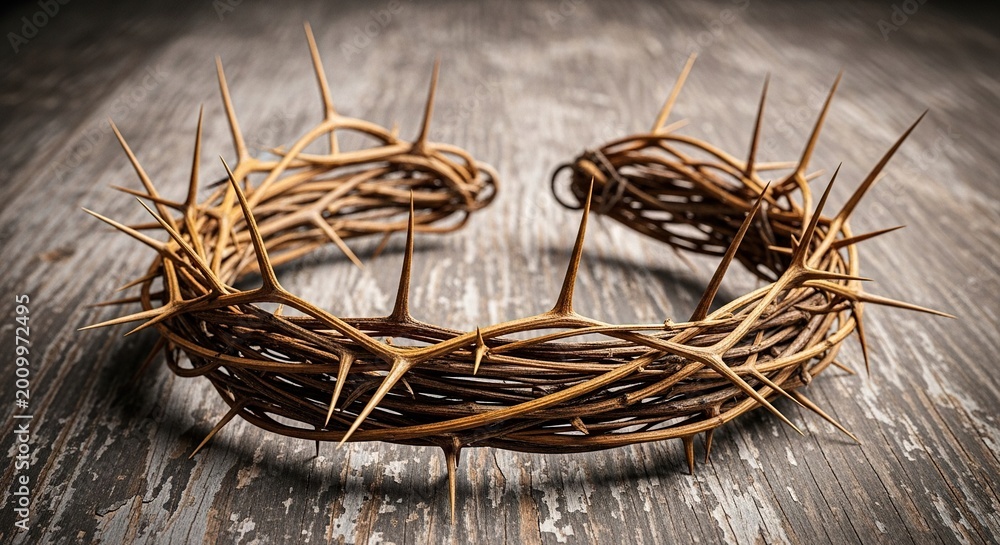 Fototapeta premium A rustic crown crafted from twisted woody stems featuring long sharp thorns rests solemnly upon a weathered dark wooden background texture, artifact, belief, rustic