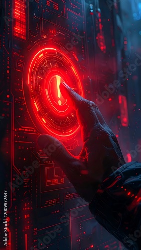 Futuristic Hand Pressing Glowing Red Emergency Button On Digital Interface Panel Cyberpunk Sci Fi Concept With High Tech Details And Cinematic