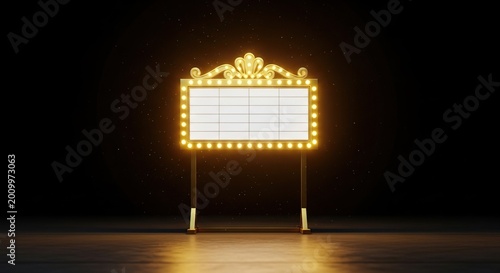 A shimmering golden marquee stand sits prominently on a dark theater stage, illuminated by glowing light bulbs and sparkling dust particles, treasure, glitter, competition