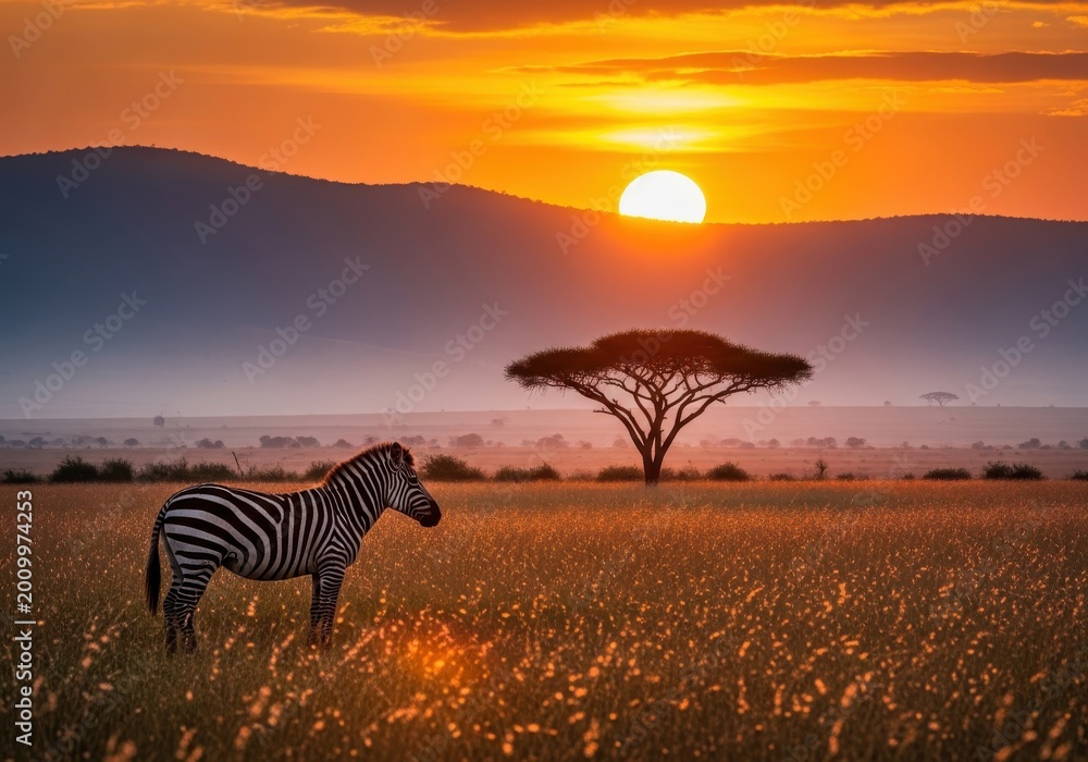 Fototapeta premium Zebra stands in the grassy plains during a golden savanna sunset.