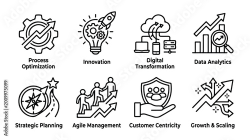 business strategy and growth icons, process optimization, innovation, digital transformation