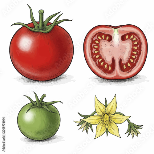 Hand drawn illustration set of fresh tomatoes and tomato plant flower.