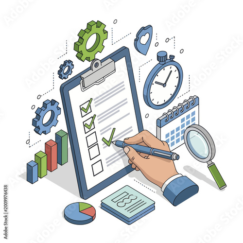 Hand marking a checklist on a clipboard with business planning icons.