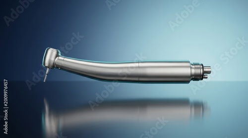 Dental handpiece drill 3D render, rotary dental instrument visualization, high speed dental drill, clinical handpiece tool, stainless steel dental equipment, medical rotary device