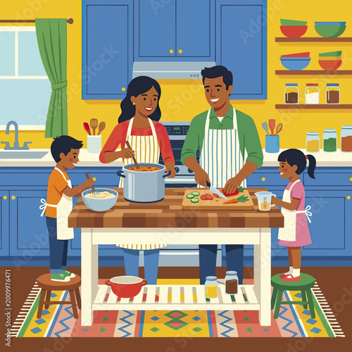 Happy African American family cooking together in the kitchen.