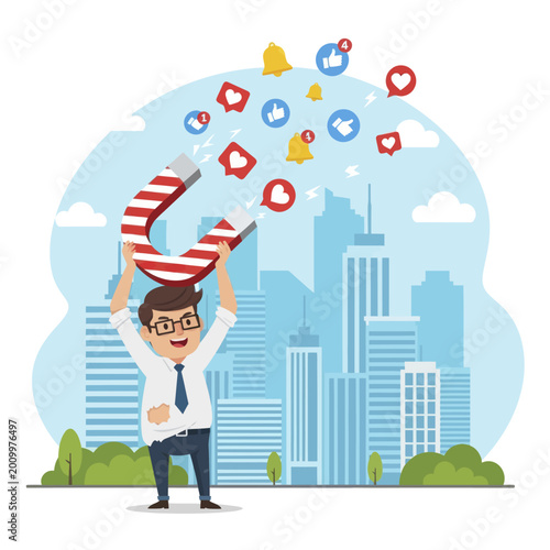 Happy businessman holding a large magnet attracting social media icons.